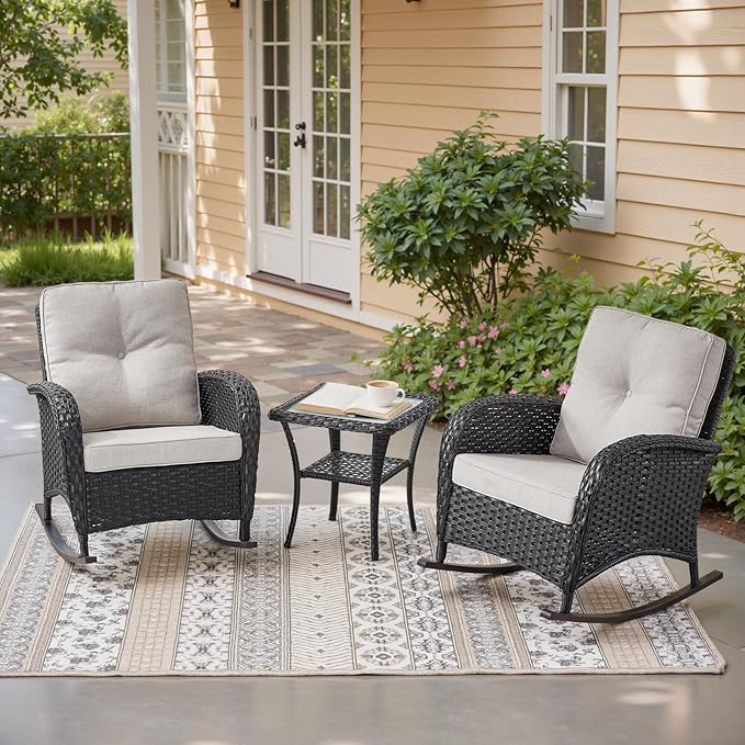 Belord Patio Rocking Chairs Wicker Set - Outdoor Rocking Chairs Set of 2 with Side Table - Photo 1