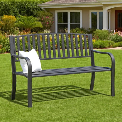 Metal Bench Patio Bench, Outdoor Benches Weatherproof with Slat Backrest, Wrought Iron Garden Benches for Outdoors, Patio, Garden, Park