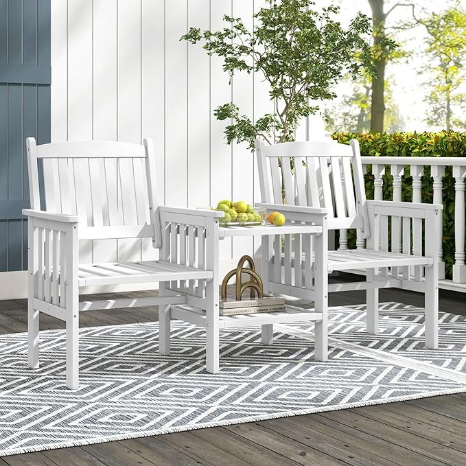 Tangkula Outdoor Wood Loveseat with 2-Tier Side Table and Umbrella Hole, 2-Seater Patio Garden Bench with Armrests and Slatted Seats, Outdoor Table and Chairs Set for Porch and Balcony