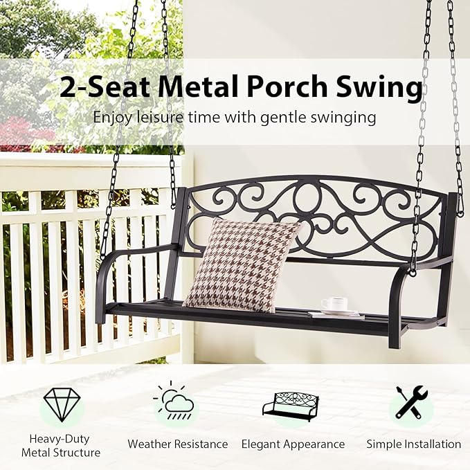 Giantex Metal Porch Swings 2 Person Outdoor Hanging Garden Bench with Sturdy Chains, Wide Seat & Curved Armrests - Photo 3