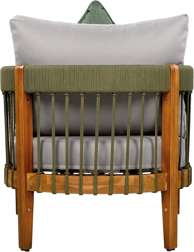 Christopher Knight Home Vinny Acacia Wood Club Chair, Outdoor Accent Chair, Handwoven Rope Armchair with Removable Cushions, Comfort Seating Single Reading Sofa for Garden Backyard Porch, Green+Gray