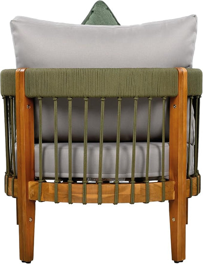 Christopher Knight Home Vinny Acacia Wood Club Chair, Outdoor Accent Chair, Handwoven Rope Armchair with Removable Cushions, Comfort Seating Single Reading Sofa for Garden Backyard Porch, Green+Gray
