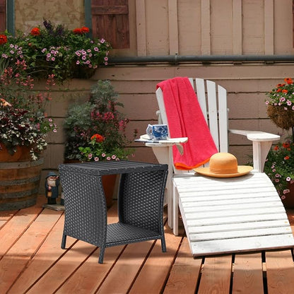 Outdoor Side Table Small Outdoor End Table for Patio Black Wicker Rattan Coffee Table with Storage & Poly Lumber Table Top Square for Outside Balcony Porch Backyard Deck