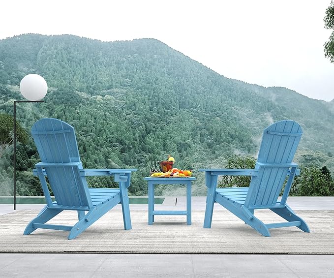 Folding Adirondack Chair Set of 4，Wooden Textured Fire Pit Chair with Cup Holder, Heavy All-Weather HDPE Plastic Outdoor Patio Chairs for Poolside Backyard Patio Outdoor Garden