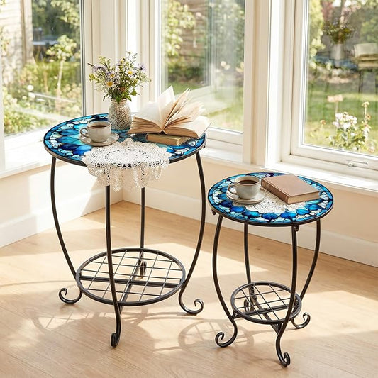 2 Pcs Outdoor Side Table Small Patio Round Mosaic Accent End Table Indoor Plant Metal Coffee Tea Tables for Patio Yard Porch Garden Living Room(12" and 16",Mandala Style)