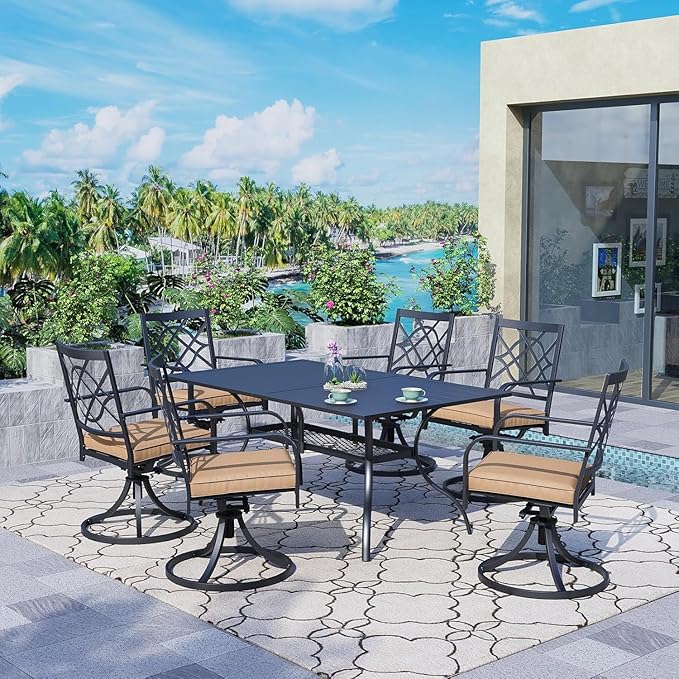 SUNCROWN 7-Pieces Outdoor Dining Set Metal Swivel Cushioned Chairs Patio Furniture Sets with Steel Slat Bistro Table for Backyard, Lawn, Garden, Deck, Poolside