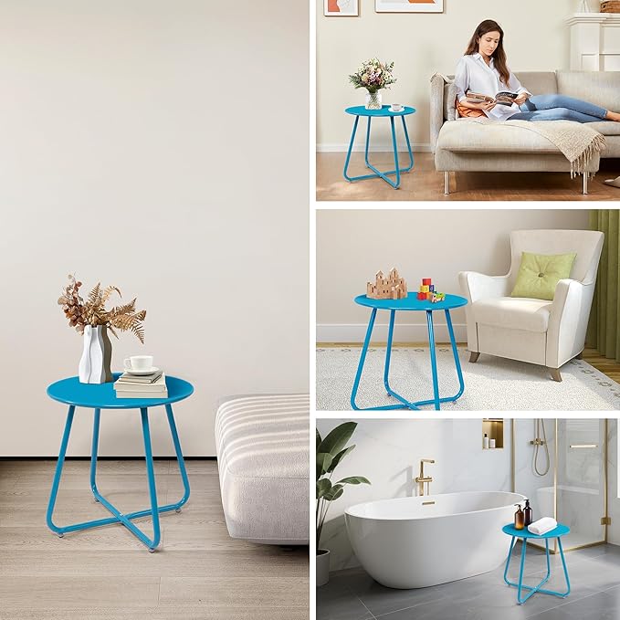 Elevon Weather Resistant Outdoor 17.5” Round End Accent Table for Bistro Balcony, Sky Blue