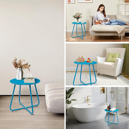 Elevon Weather Resistant Outdoor 17.5” Round End Accent Table for Bistro Balcony, Sky Blue
