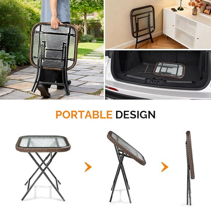 VINGLI 23.6in Modern Brown Rattan Folding Glass Outdoor Side Table, Small Patio Table with Tempered Glass Top,Rectangular,1 Pack