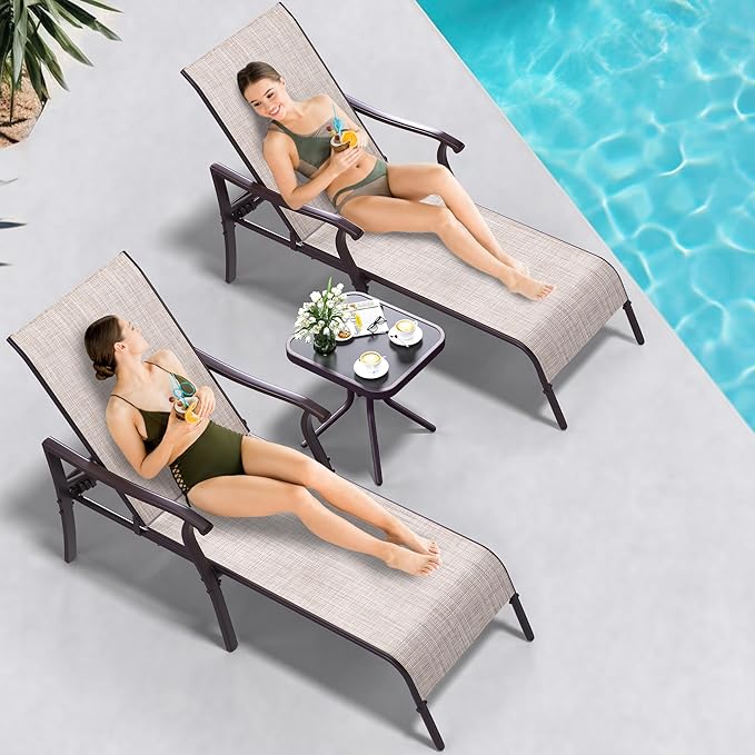 YITAHOME Pool Lounge Chair Set of 3, 2 Pieces Chaise Lounges Outdoor with Side Table, Patio Lounger w/5-Position Adjustable Backrest, Armrests, Weather Resistant & Easy to Assemble- Beige