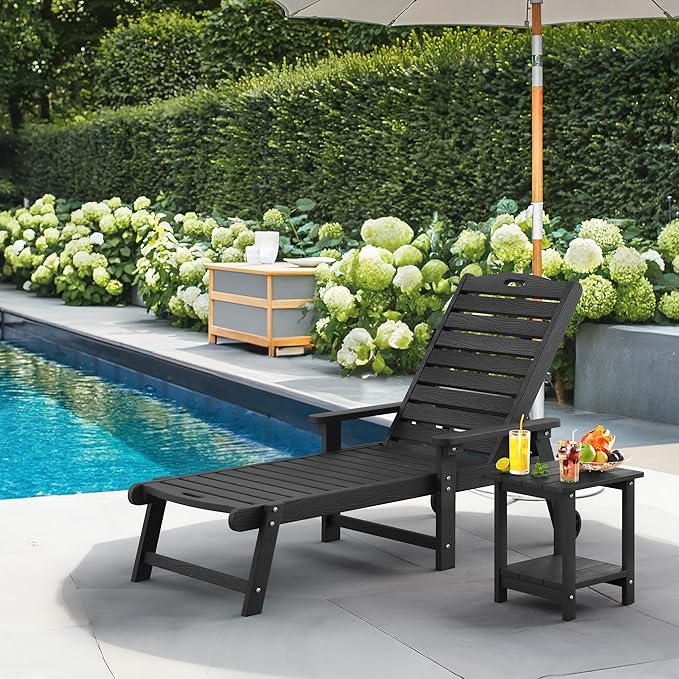 LUE BONA Lounge Chair Outdoor, HDPS Chaise Lounge Outdoor with Wheels, 5 Positions Adjustable Pool Lounger Chairs for Outside, Patio, Deck, Black