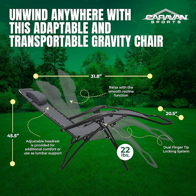 Caravan Canopy Infinity Zero Gravity Steel Frame Patio Deck Chair, Grey (Pair)