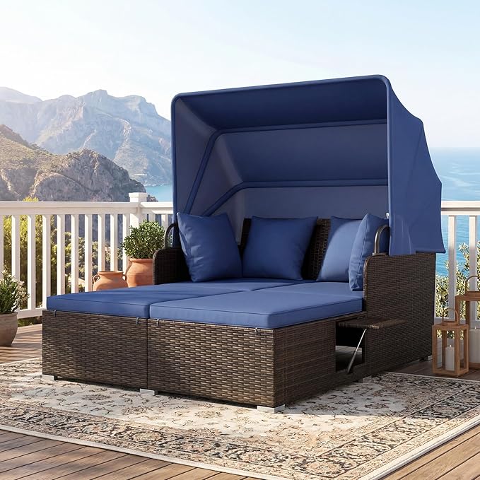 Tangkula Patio Rattan Daybed with Retractable Canopy, Outdoor Wicker Sunbed with 2 Foldable Side Tables - Photo 3