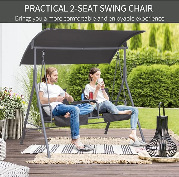 Outsunny 2 Person Porch Swing with Stand, Outdoor Swing with Canopy, Pivot Storage Table, 2 Cup Holders - Photo 6