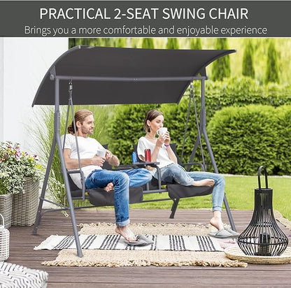 Outsunny 2 Person Porch Swing with Stand, Outdoor Swing with Canopy, Pivot Storage Table, 2 Cup Holders, Cushions for Patio, Backyard, Gray