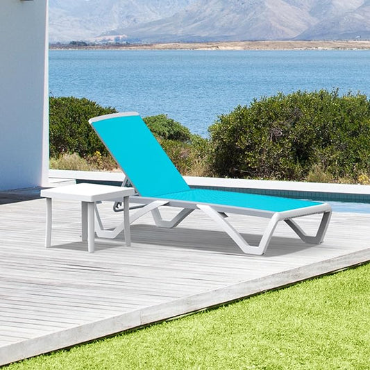 Domi Pool Lounge Chair Aluminum Adjustable Outdoor Chaise Lounge,All Weather Plastic Poolside Lounge Chair with Table for Deck Lawn Backyard, Aqua Textilene