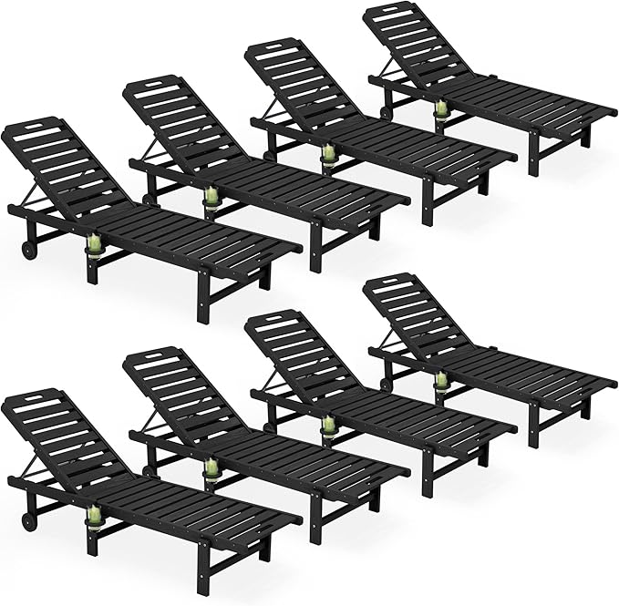 SERWALL Outdoor Chaise Lounge Set of 8, HDPE Pool Lounge Chairs with 5-Position Adjustable Backrest - Photo 1