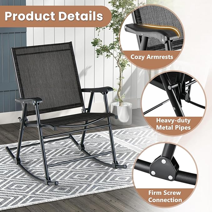 Tangkula Folding Rocking Chairs Set of 4, Patio Rockers with Breathable Seat Fabric & Sturdy Metal Frame, Smooth Rocking Motion, Heavy-Duty Outdoor Rocker for Backyard, Front Porch, Poolside