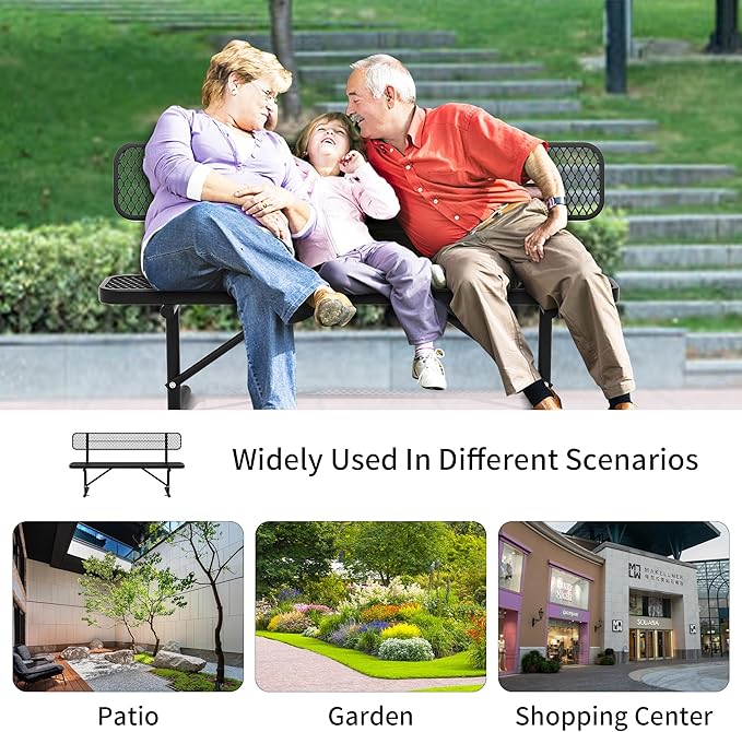 72" Metal Park Benches for Outside - Black Outdoor Benches Heavy Duty Garden Weatherproof Bench with Backrest, Buddy Bench for Schools,Commercial Benches for Shopping Mall, Store, Yard, Patio