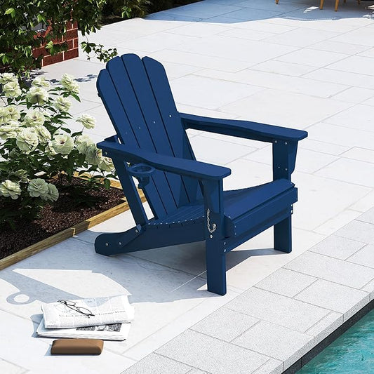 Domi Folding Adirondack Chair, HDPE All-Weather Adirondack Chairs with Cup Holder, Outdoor Plastic Fire Pit Chairs Wood Texture for Poolside, Patio, Backyard, Deck (Blue)
