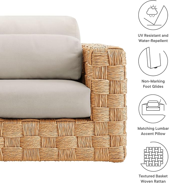Modway Thames Wicker Rattan Outdoor Armchair - Natural Light Gray, UV-Resistant Deep-Seating Accent Chair with Cushion and Lumbar Pillow, Basket-Weave Patio Accent Chair for Backyard, Deck