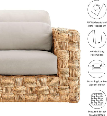 Modway Thames Wicker Rattan Outdoor Armchair - Natural Light Gray, UV-Resistant Deep-Seating Accent Chair with Cushion and Lumbar Pillow, Basket-Weave Patio Accent Chair for Backyard, Deck