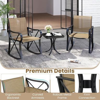 Tangkula 3 Piece Patio Rocking Set, 2 Rocking Chairs with Tempered Glass Side Table, Small Patio Furniture Set with Smooth Rocking Motion, Outdoor Rocker Chairs Bistro Set for Porch, Balcony (Brown)