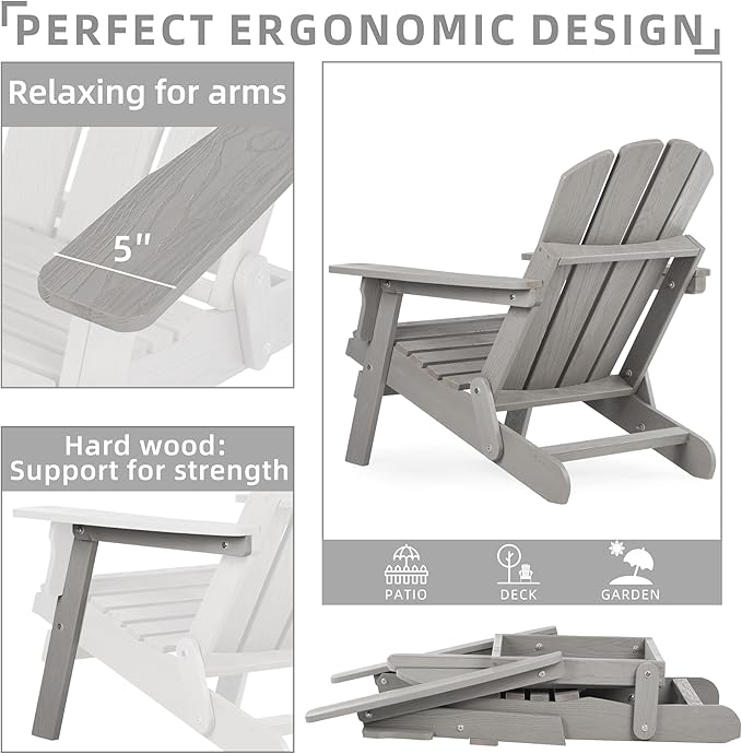 Oversize Wooden Outdoor Folding Adirondack Chair with Pre-Assembled BackRest & SeatBoard, Wood Patio Chair for Garden Backyard Porch Pool Deck Firepit