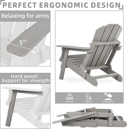 Oversize Wooden Outdoor Folding Adirondack Chair with Pre-Assembled BackRest & SeatBoard, Wood Patio Chair for Garden Backyard Porch Pool Deck Firepit