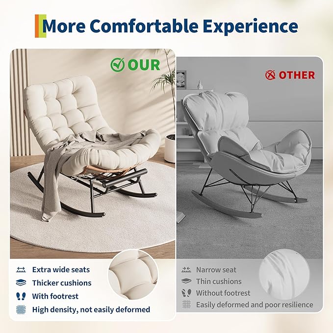Outdoor Rocking Chair with Footrest, Oversized Patio Papasan Chairs with Cushion, Modern Lounge Rocker Chair for Indoor Living Room Garden Porch Balcony, Beige