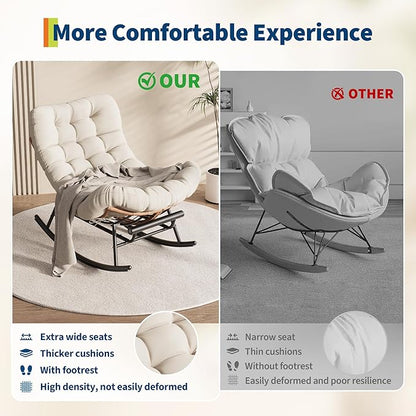 Outdoor Rocking Chair with Footrest, Oversized Patio Papasan Chairs with Cushion, Modern Lounge Rocker Chair for Indoor Living Room Garden Porch Balcony, Beige