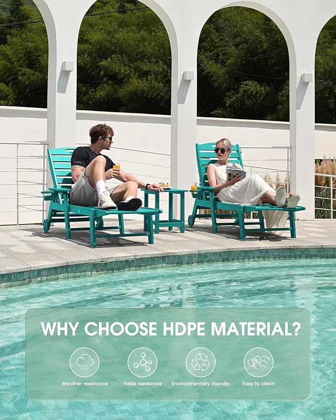Lounge Chair Outdoor Set of 2, HDPE Chaise Lounge Outdoor with 6-Position & Wheels &Cup Holder - Photo 6
