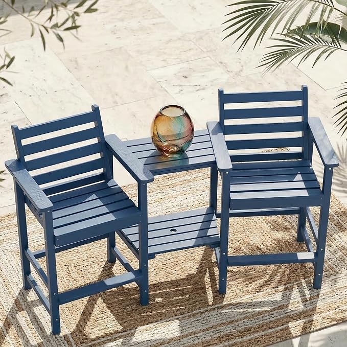 Kingdura Tall Adirondack Chairs Set of 2, Weather Resistant HDPE Bar Height Outdoor Stools with Removable Double Connecting Trays, Wooden Grain for Patio, Balcony, Deck (Navy Blue)