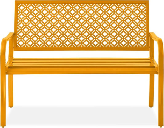 Best Choice Products Outdoor Bench 2-Person Metal Steel Benches Furniture for Garden, Patio, Porch, Entryway w/Geometric Backrest, 790lb Capacity - Marigold