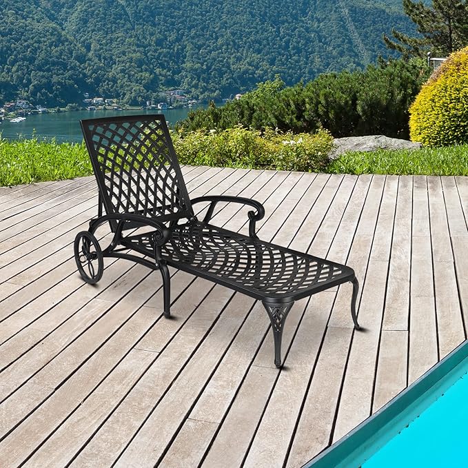 Cast Aluminum Outdoor Chaise Lounge Chair with Wheels, Patio Chaise Lounge with 3-Position Adjustable Backrest - Photo 2