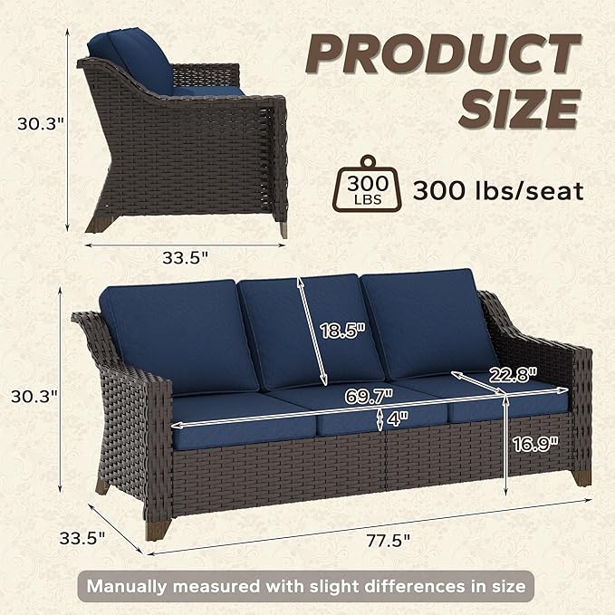77'' Patio Sofa, All Weather Outdoor Rattan Wicker 3-Seat Sofa High Back Couch with Premium Cushions for Garden - Photo 2
