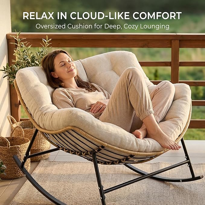 SWITTE Oversized Rocking Papasan Chair, Outdoor Wicker Egg Rocker with Thick Cushion - Photo 7