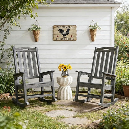 Psilvam Outdoor Rocking Chair Set of 2, Poly Lumber Oversized Rocking Chair with 21" Wide Seat and 32" Tall Backrest, Pre-Assembled with Most Components for Effortless Installation(Dark Gray)