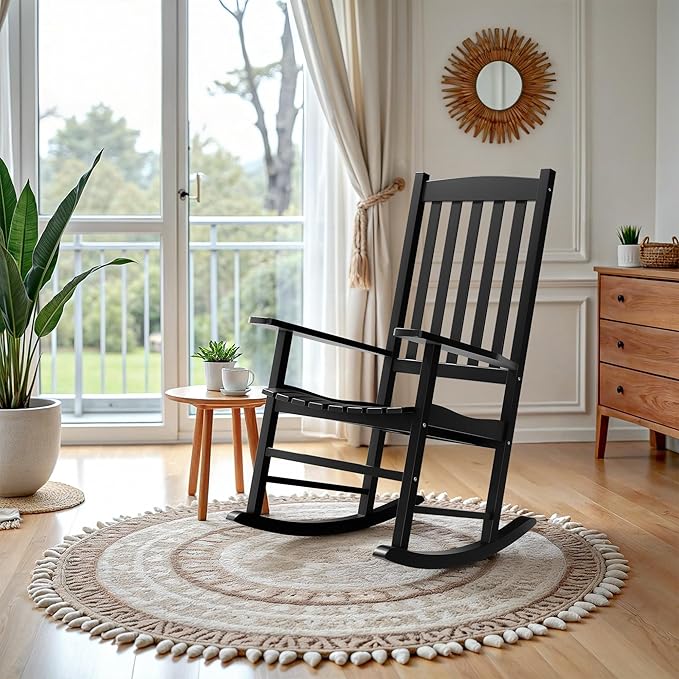 SUPER DEAL Outdoor Wood Rocking Chair for Porch, All Weather Resistant Outdoor Indoor Patio Rocker Chair, Black