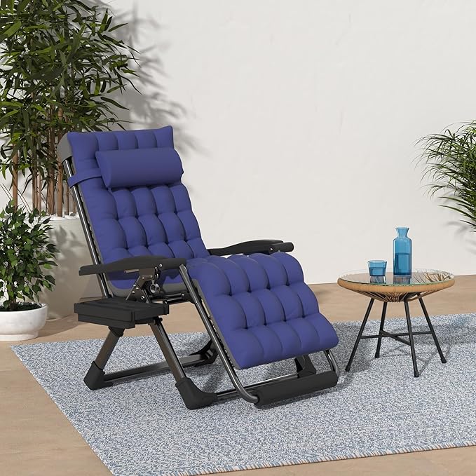 Slendor Zero Gravity Chair Oversized, 33In XXL Reclining Lounge Chair with Removable Cushion, Cup Tray, Footrest, Folding Reclining Camping Patio Recliner Chair w/Upgraded Lock,Blue