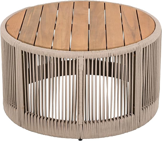 Round Rattan Coffee Table, Wood Outdoor Coffee Table, Rustic Patio Table Weather-Resistant Outdoor Furniture, for Garden, Balcony, Porch, Beige