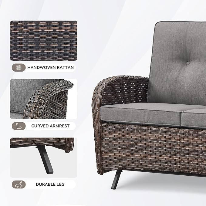 Patio Loveseat Wicker Loveseat Rattan Glider Sofa with Curved Armrest Thicking Back & Seat Cushions for Garden Balcony - Photo 4