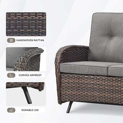 Patio Loveseat Wicker Loveseat Rattan Glider Sofa with Curved Armrest Thicking Back & Seat Cushions for Garden Balcony Backyard Brown Wicker|Grey Cushions (B) Patio Loveseat Glider