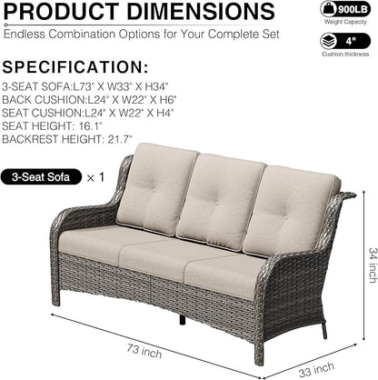 Joyside Outdoor Patio Couch, 3 Seater Outdoor Wicker Sofa with High Back, Deep Seating, Wide Armrest, Thickened Cushions, Patio Sofa for Deck, Porch Use