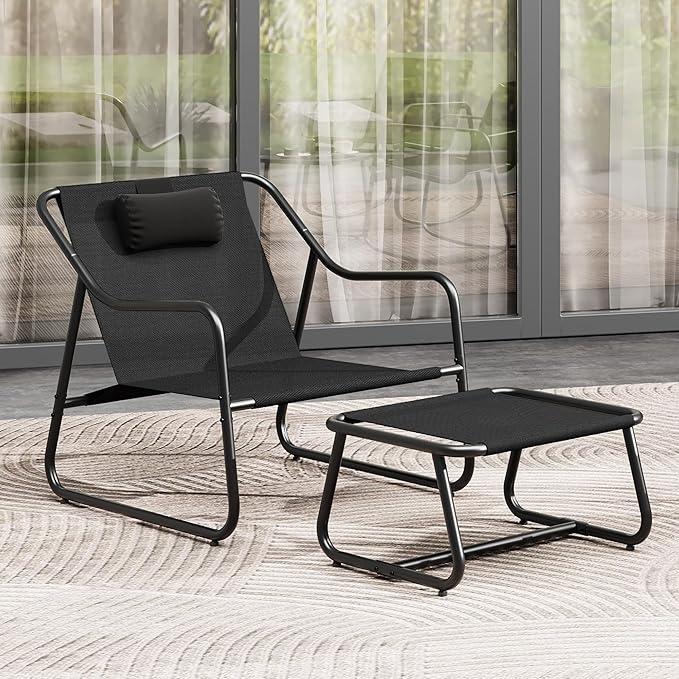 YITAHOME Patio Lounge Chair with Ottoman, Oversized Papasan Chair, Versatile Indoor/Outdoor Textilene Lounge with Metal Handrail and Footstool, Ideal for Living Room, Porch, Backyard or Garden