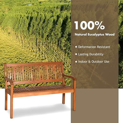 DORTALA 50'' Patio Wooden Bench, Eucalyptus Wood Loveseat with Ergonomic Backrest, Curved Armrests, Sloping Seat, Garden Slatted Bench, Ideal for Patio, Porch, Yard, Lawn, 705 lbs Weight Capacity