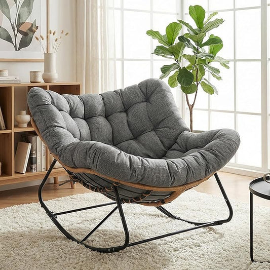 TLSUNNY Outdoor Papasan Rocking Chair, Oversized Padded Lounge Rocker with Cushion, Comfy Wicker Egg Lounge Chair, Large Indoor Rocking Recliner for Living Room/Porch/Garden (Dark Grey)