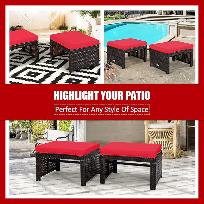 Tangkula 2 Pieces Patio Rattan Ottomans, All Weather Outdoor Footstool Footrest Seat with Soft Cushion, Hidden Zipper - Photo 10