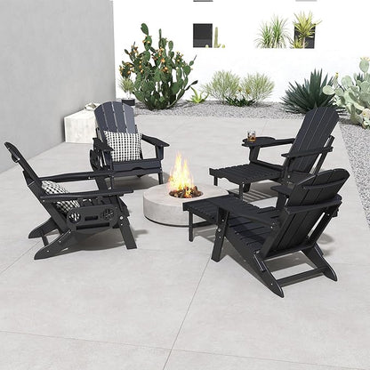 FOOWIN Folding Adjustable Adirondack Chair with Retractable Ottoman,HDPE Adirondack Chair w/4 in 1 Cup Holder Trays,All-Weather Resistant Fire Pit Chair for Outdoor Patio Lawn, Black