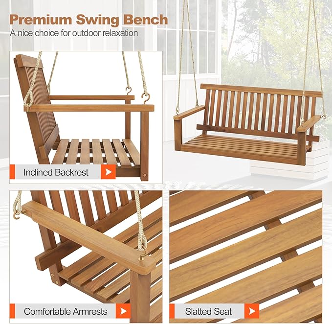 Tangkula 2 Person Hanging Porch Swing, Wooden Patio Swing with 2 Hanging Hemp Ropes, Slatted Seat & Back - Photo 6